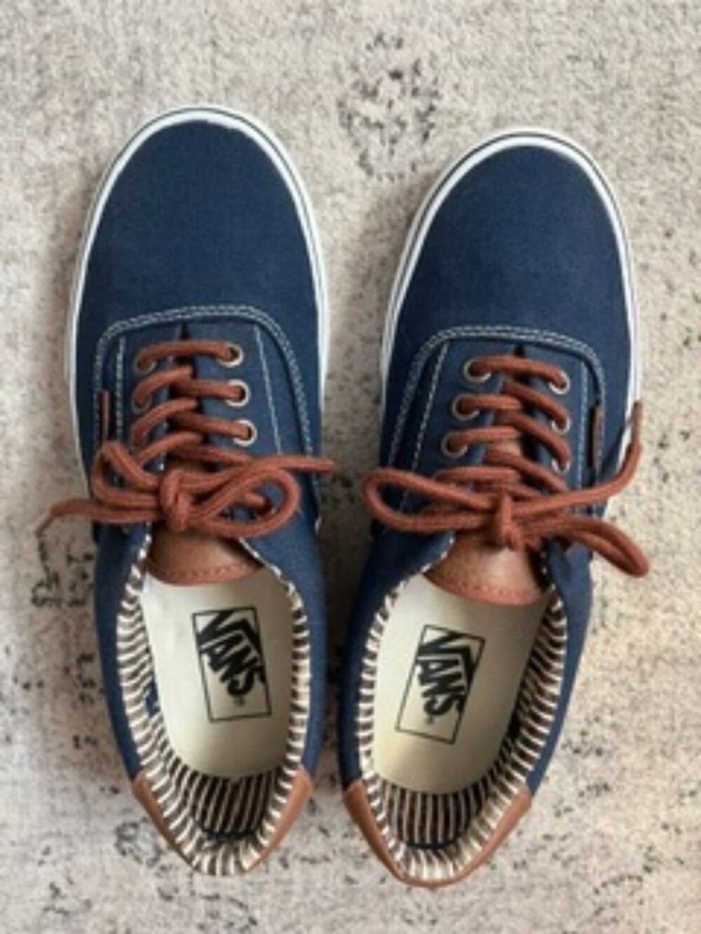 Vans Blue Canvas Sneakers Brown Leather Accents Women's 9 Men's 7.5